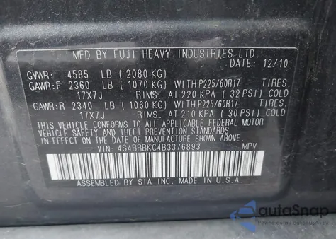 2011 Subaru Outback 2.5I Limited from USA, damaged, VIN 4S4BRBKC4B3376893